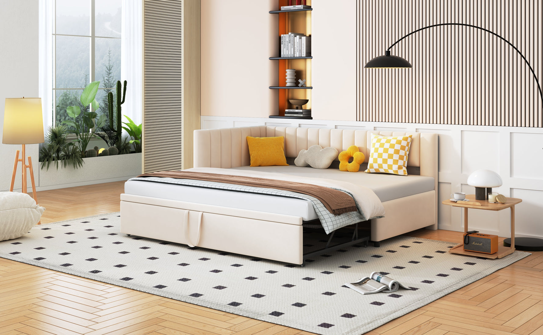 Sofa Bed, L-shaped Pull-out 90/180*200cm, Velvet Beige