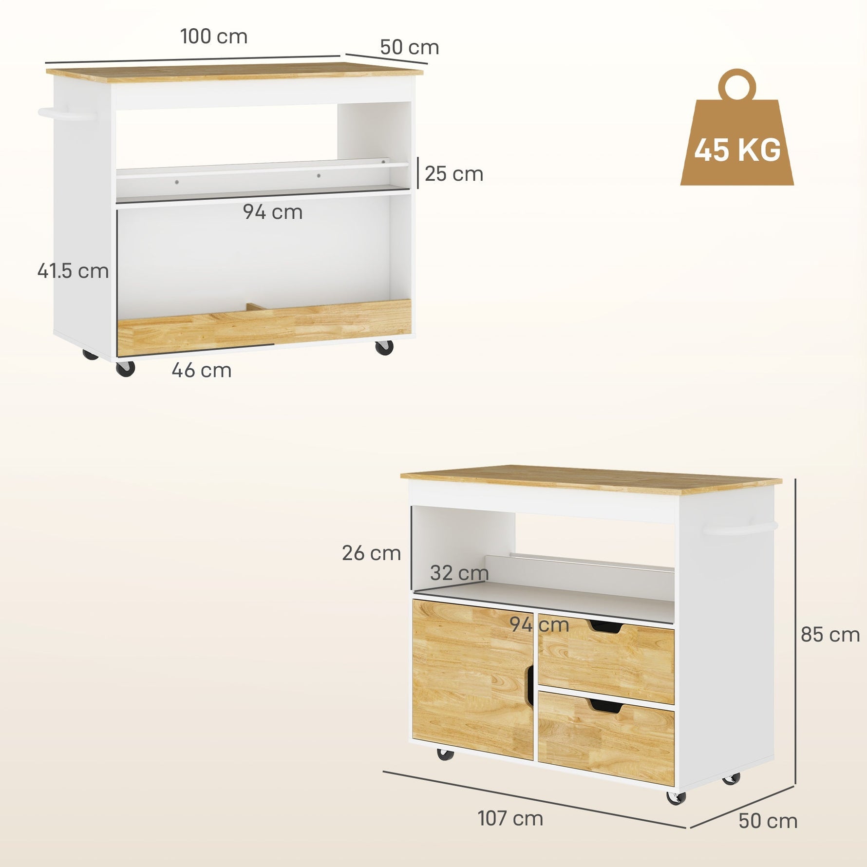 Kitchen Cart with Drawers, Cabinet, and Handle, Oak