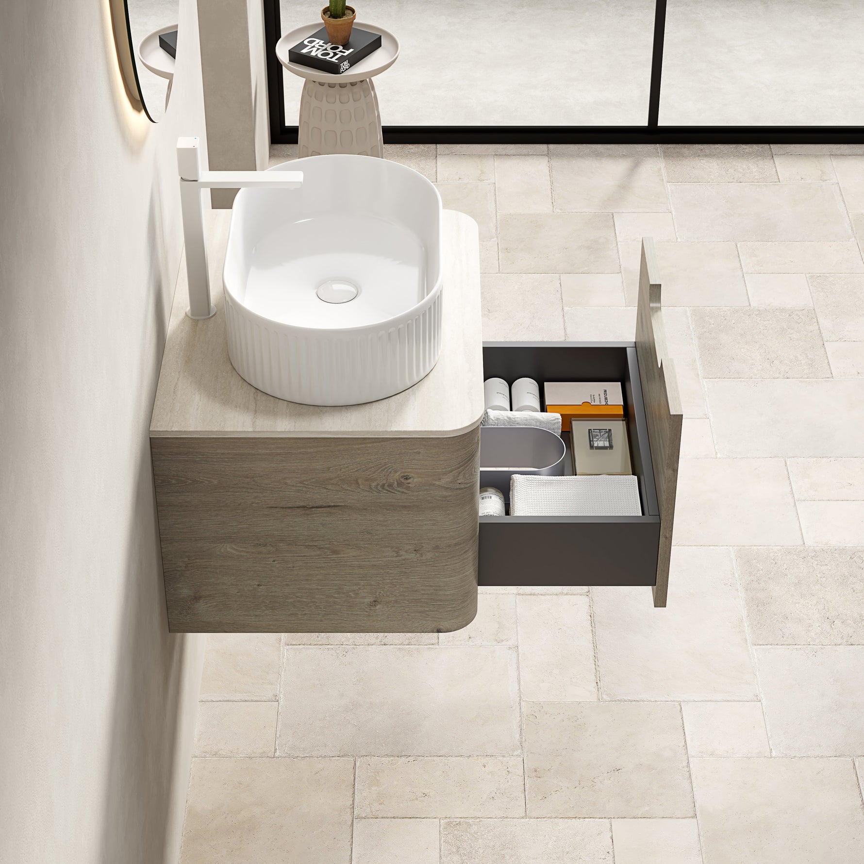 Floating Bathroom Vanity Unit with Oval Sink and Sintered Stone Top, Oak Cream Wood Grain