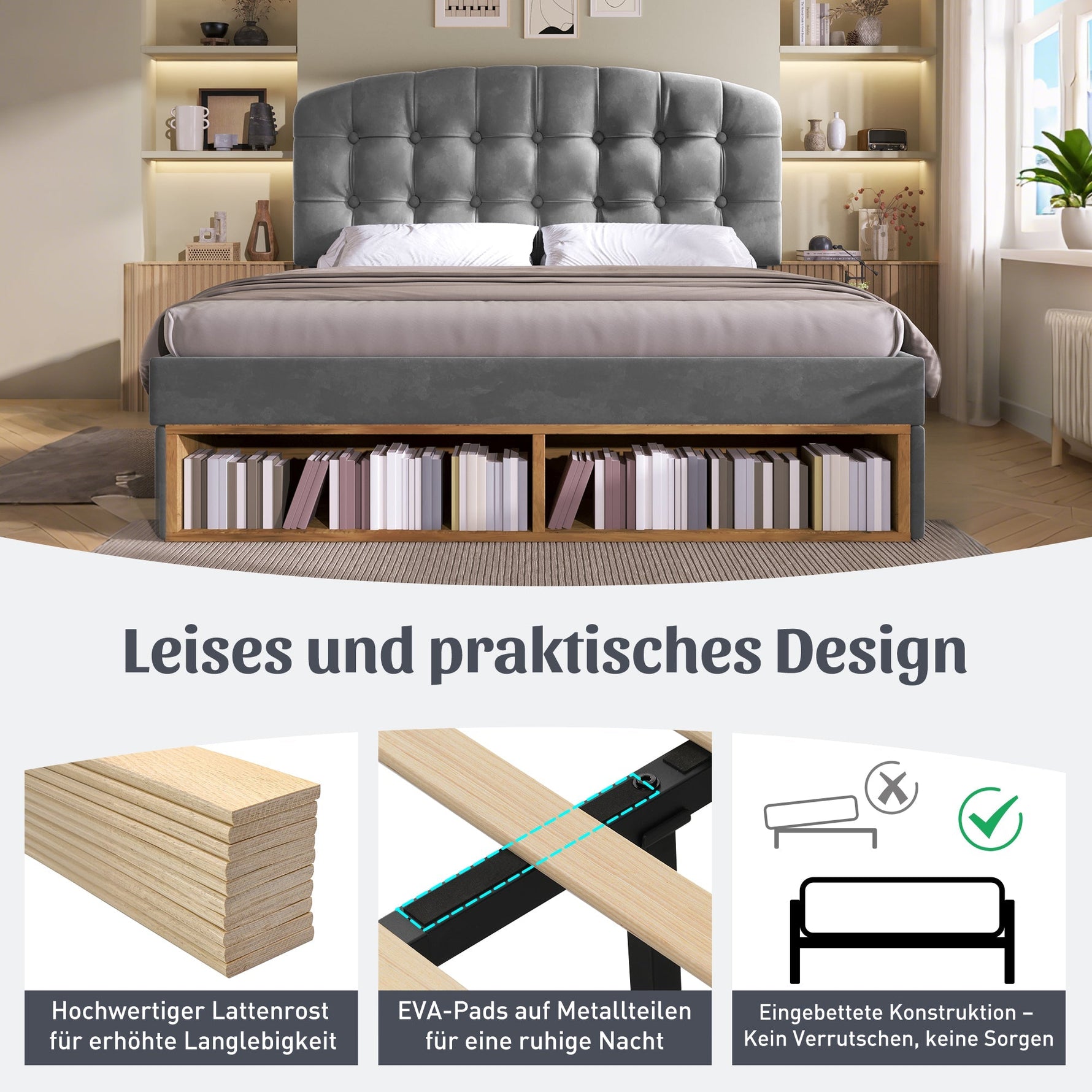 Upholstered Double Bed with Drawers, Storage and Adjustable Headboard, 140x190cm, Grey Velvet