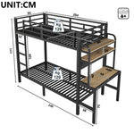 Bunk Bed 90x200 cm with Desk, Storage & LED Light, Black Iron Frame
