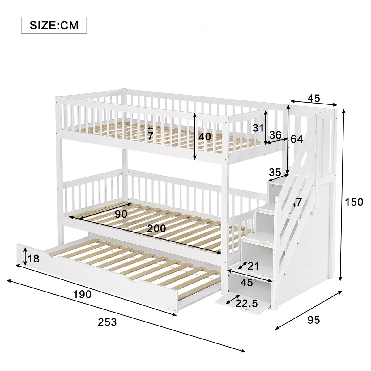 Bunk Bed Trundle Ladder Safety Rails 90x200/190cm, Pine+MDF White
