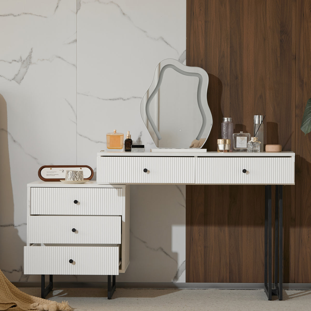 Dressing Table Set with 3-Color LED Mirror & Extendable Tabletop