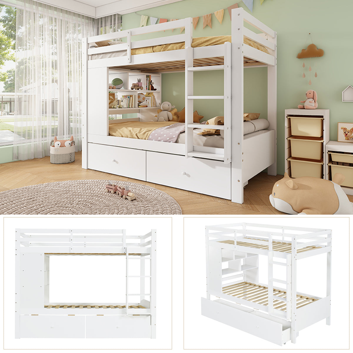 Bunk Bed 90x200 cm with 2 Drawers, Shelf & Ladder, White Wood