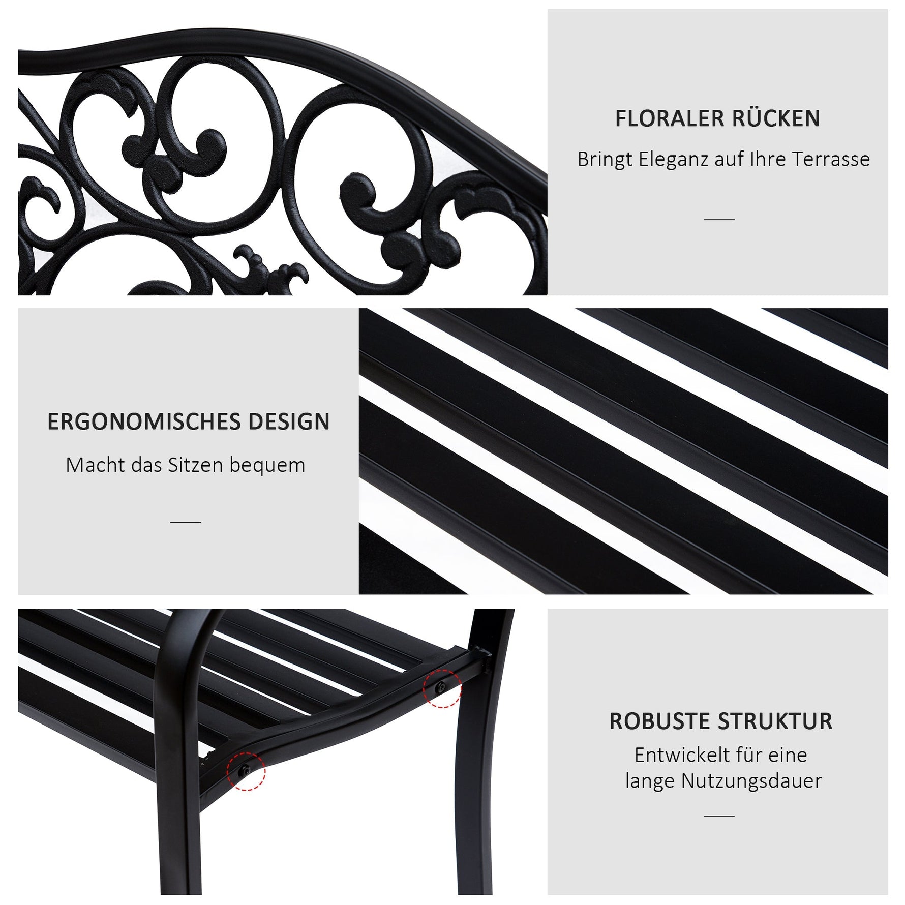 Garden Bench 3-Seater Steel with Cast Iron Armrests, Black