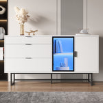 Sideboard Buffet Cabinet with 3 Drawers, Glass Doors and LED Lights, White Wood