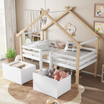 Children's Mid-Sleeper House Bed with Stairs, Storage Lockers, 90x200cm, Pine+MDF White/Natural