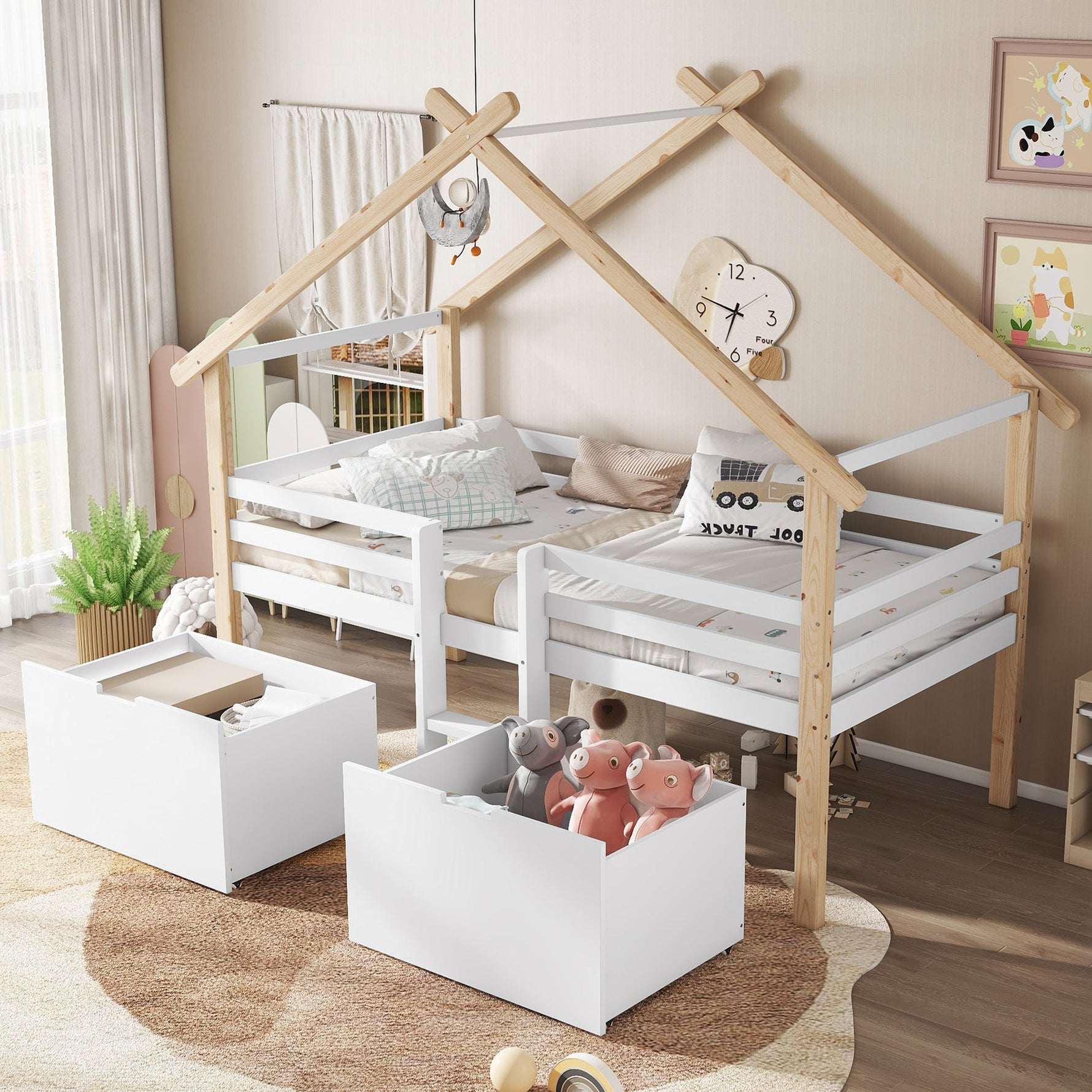 Children's Mid-Sleeper House Bed with Stairs, Storage Lockers, 90x200cm, Pine+MDF White/Natural