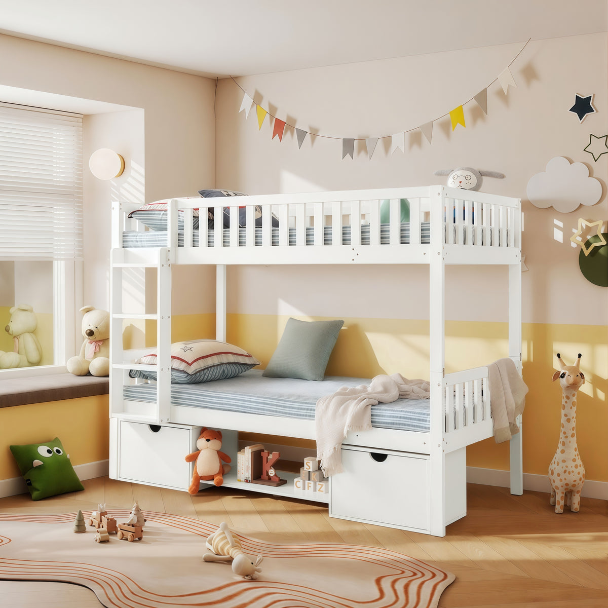 Children's Bunk Bed 90x200cm with Storage Drawers, White Pine Wood