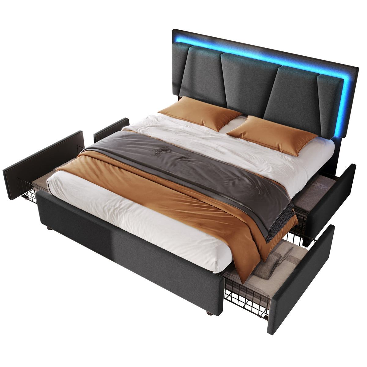 Upholstered Bed with LED Lighting, 4 Drawers and Adjustable Headboard, 160x200cm, Grey Wood