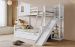 Bunk Bed with Slide & Drawers, Solid Wood Frame, White