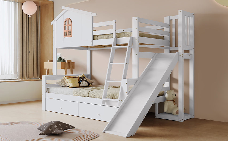 Bunk Bed with Slide & Drawers, Solid Wood Frame, White
