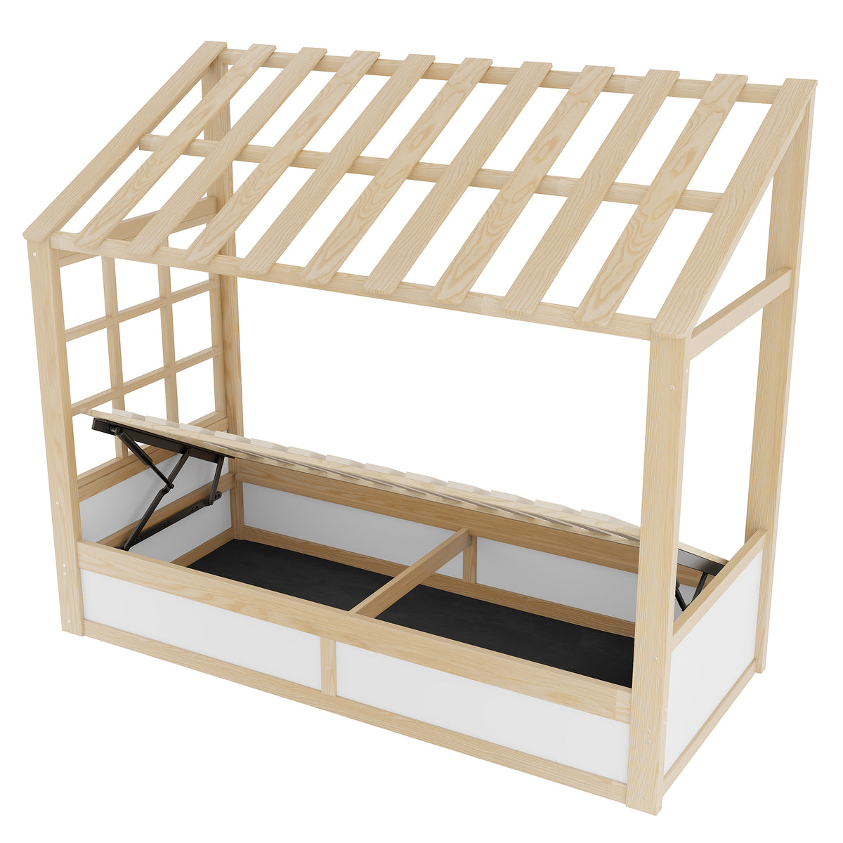 Kids Country Bed 90x200cm with Storage & Roof, Wood & White