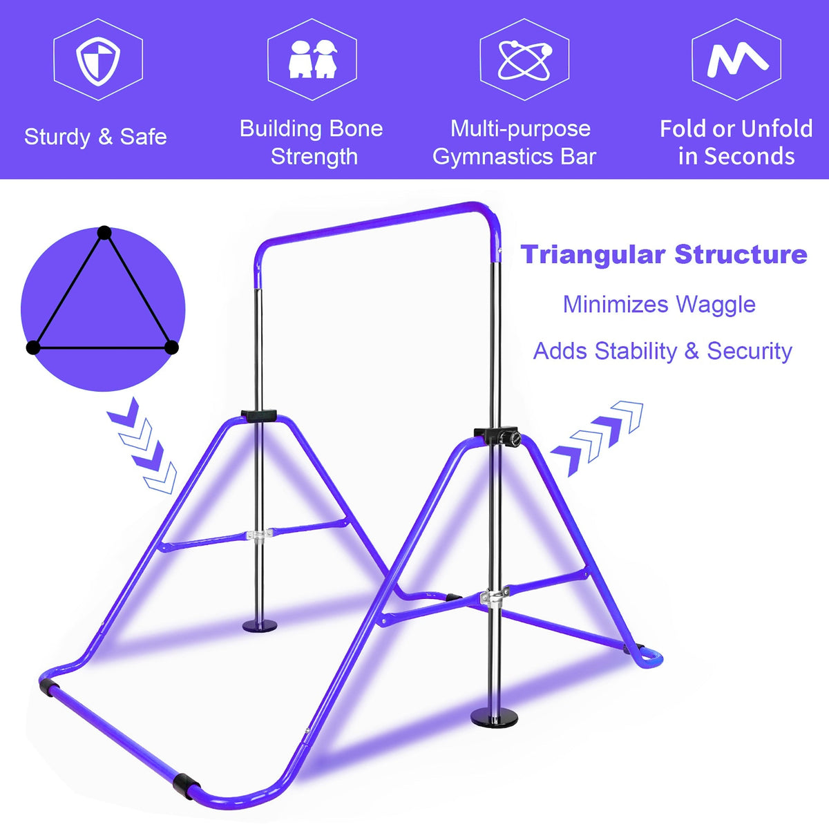 Adjustable Gymnastics Bar, Height-Adjustable Extendable Steel, Purple
