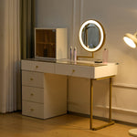 Dressing table set with LED-illuminated mirror, transparent tempered glass tabletop, side cabinet, white