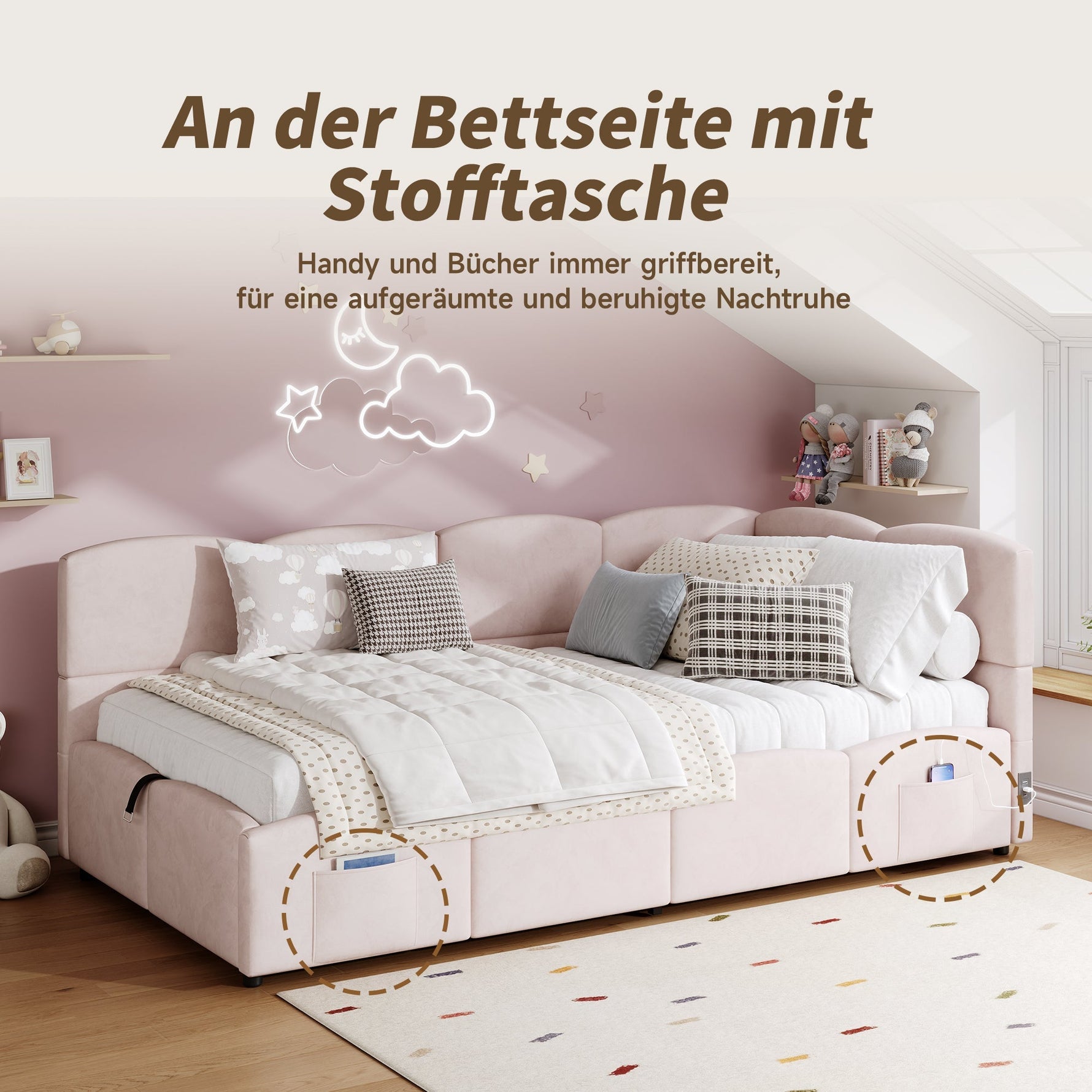 Upholstered Bed with USB Charger and Storage, 90x200cm, Pink Velvet