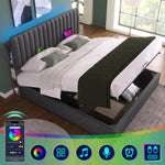Upholstered Bed, Double, LED App-Control, USB-C Charging, Storage, Adjustable Headboard, Wood, Gray
