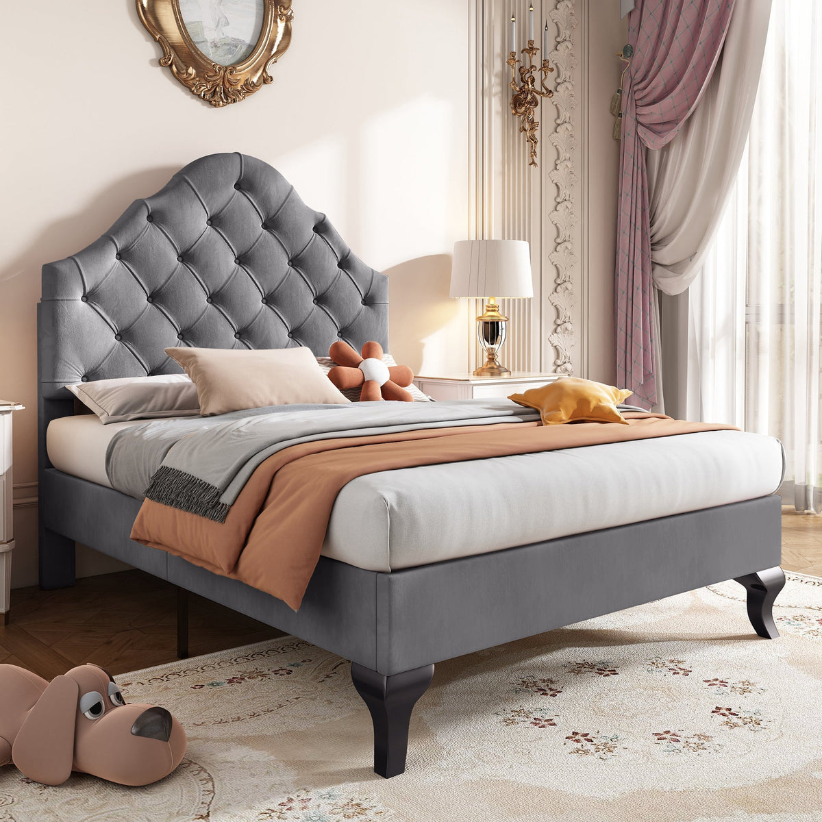 Upholstered Bed 90x200cm Adjustable Headboard Slatted Base - Velvet Grey