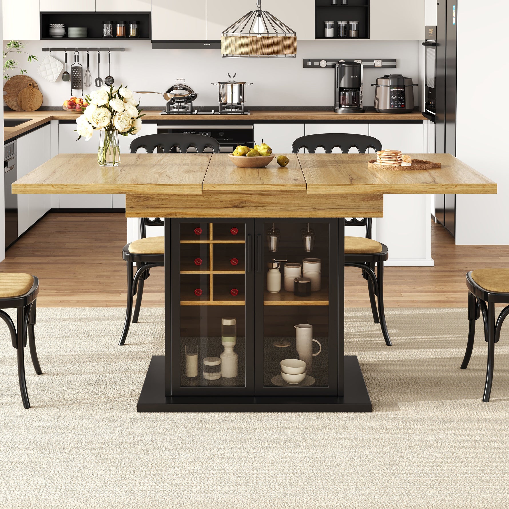Telescopic Dining Table, Extendable Kitchen Table for 4-6, Space-Saving, Brown Glass