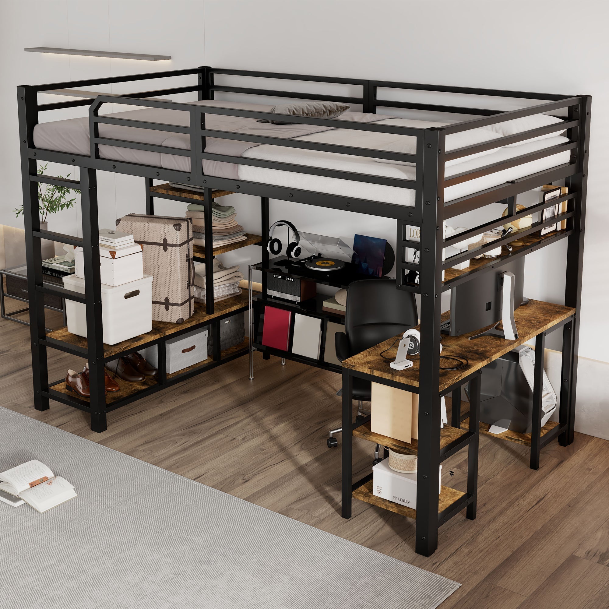 Loft Bed with Desk, Storage, Sturdy Slats, 4-Step Ladder, 120x200cm, Iron + Chipboard Black/Dark