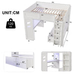 Loft Bed 140x200cm Gaming with Desk, LED Lights, USB/Type-C Ports, White