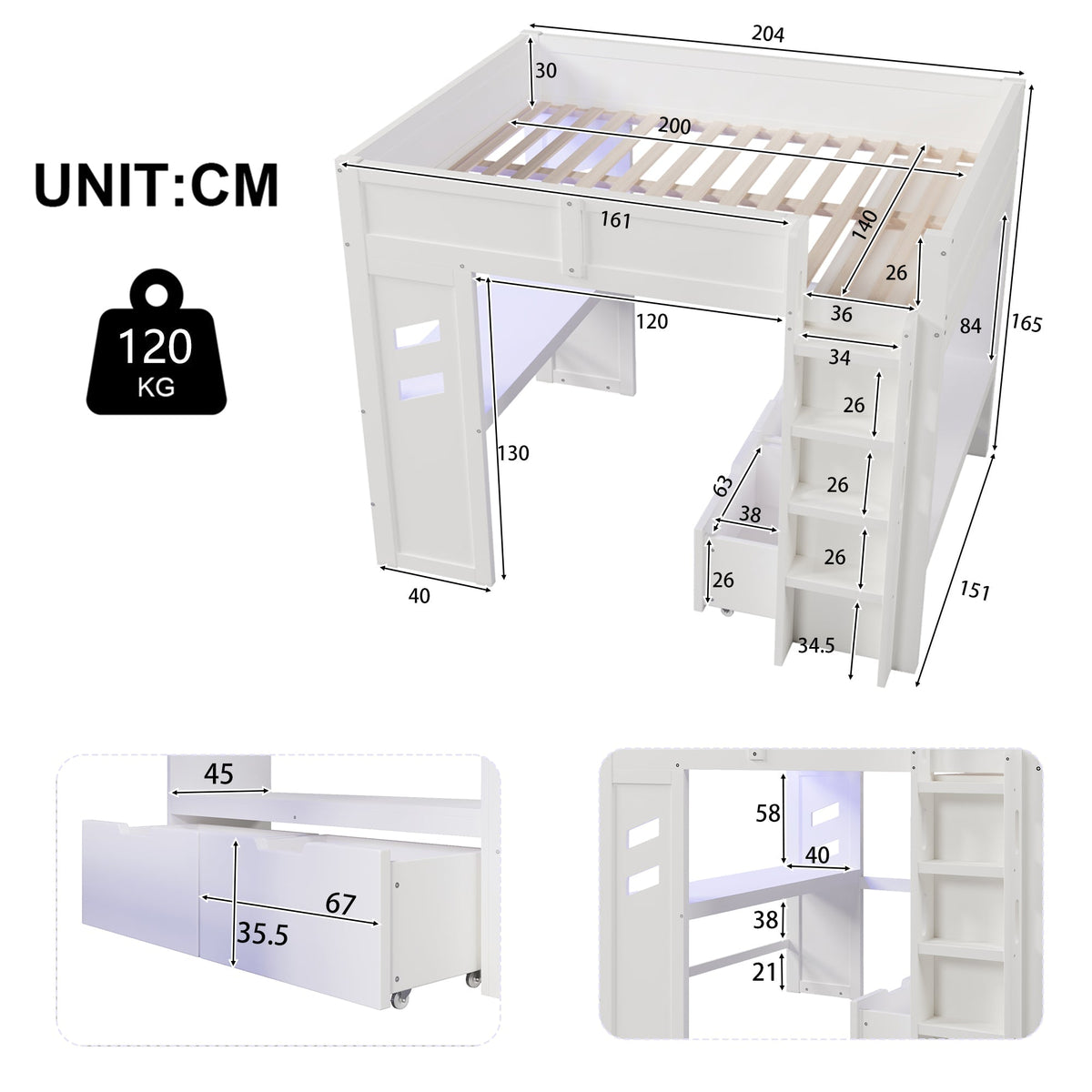Loft Bed 140x200cm Gaming with Desk, LED Lights, USB/Type-C Ports, White