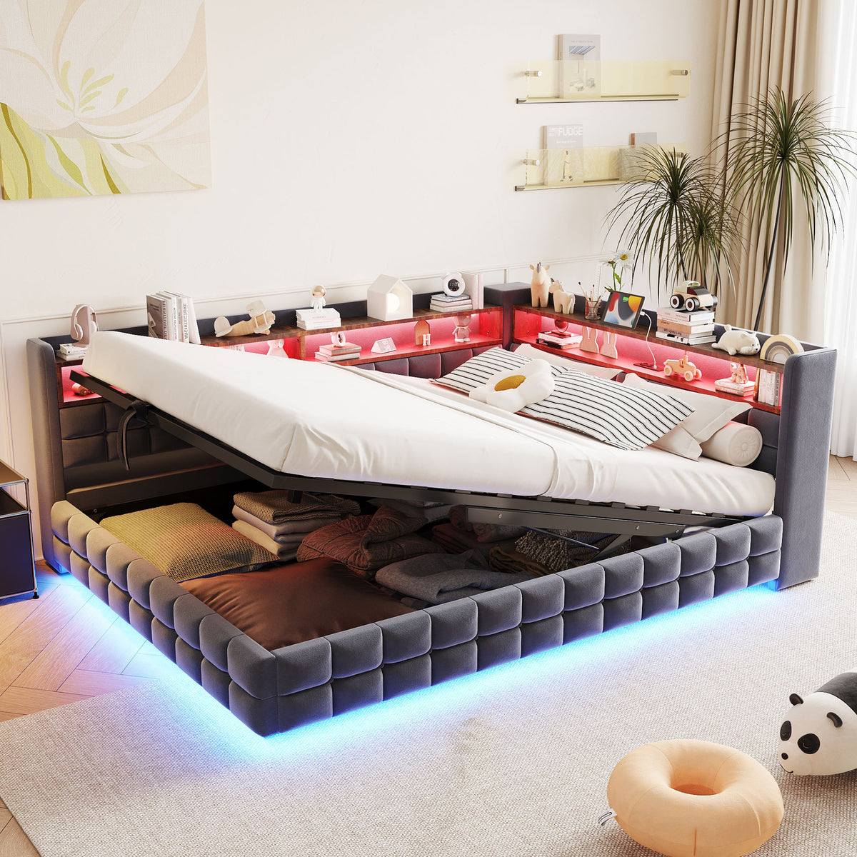 Multifunctional Sofa Bed 140x200 with Storage & LED, Dark Grey Velvet