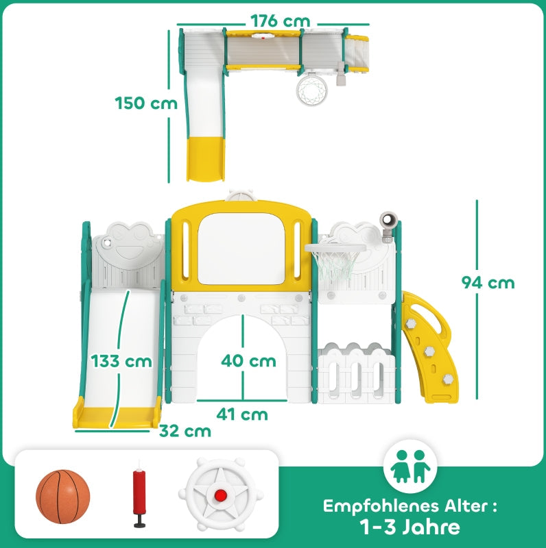 7-in-1 Toddler Slide Set with Basketball Hoop, Climbing Frame and Swing, Yellow and Green