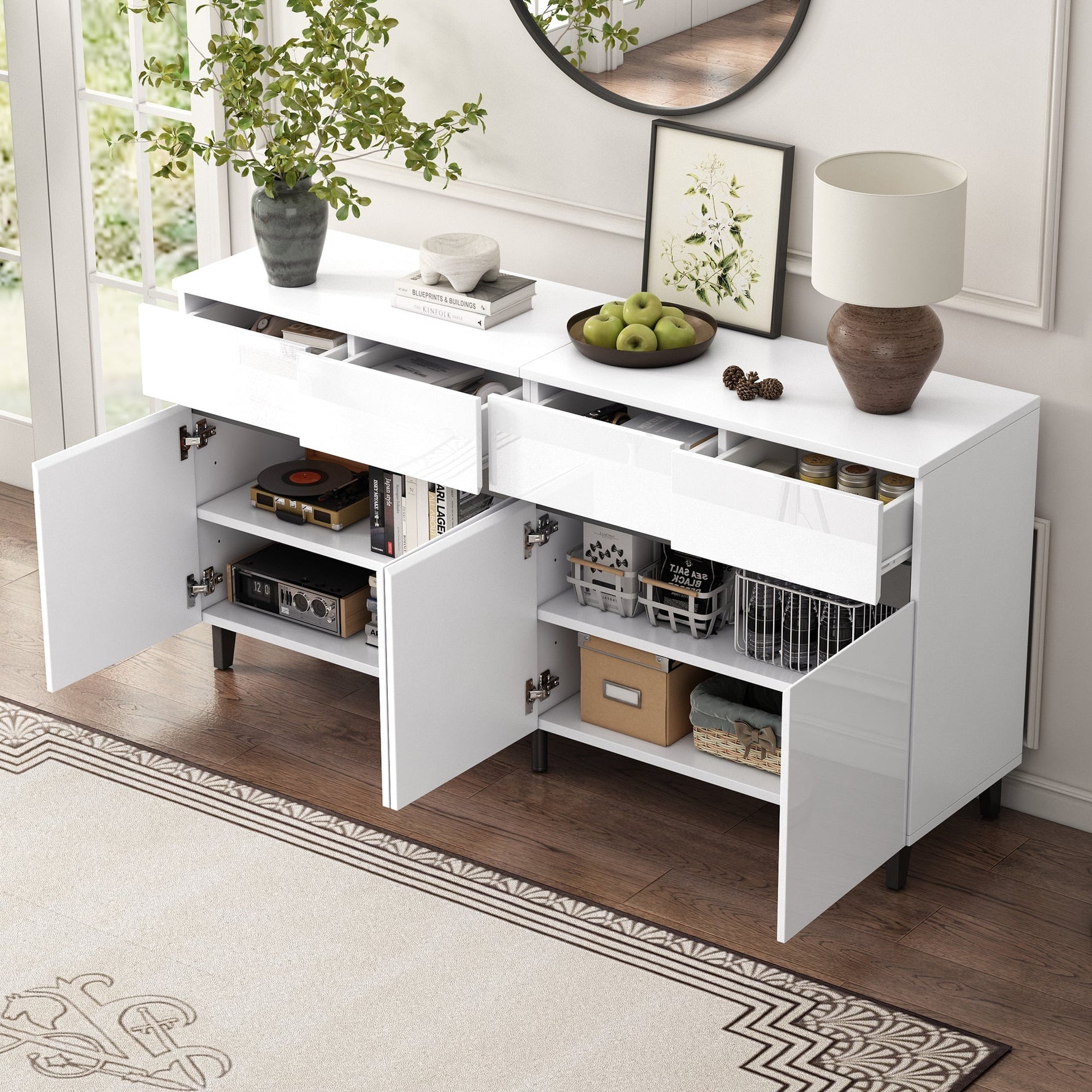 High-Gloss Sideboard 4 Drawers 2 Doors Adjustable Shelves