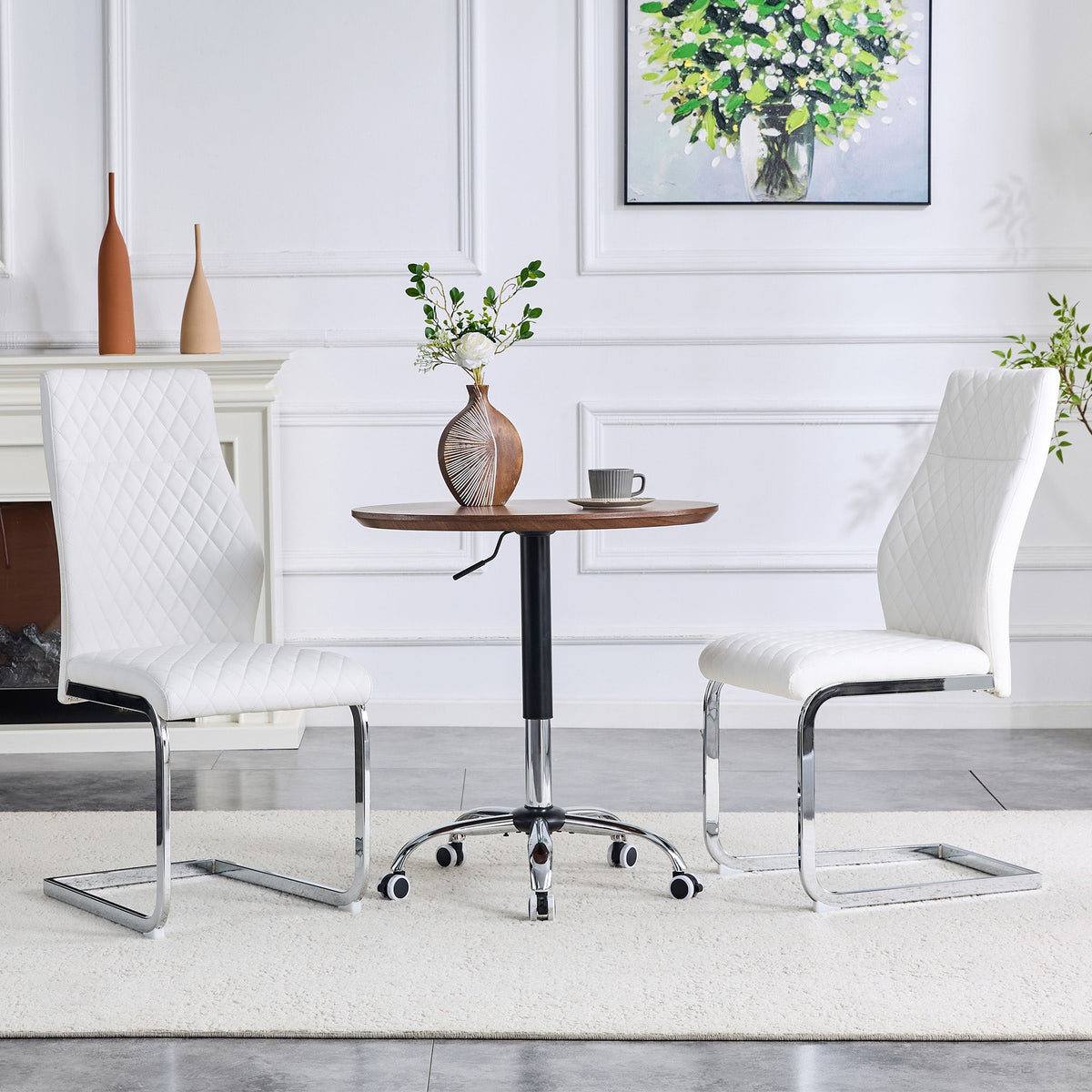 Dining Chair Set of 2 with High Backrest and Padded Seat, White PU Leather and Silver Metal