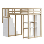 High Loft Bed with 4 Drawers and Storage Shelves, White and Natural Wood Color