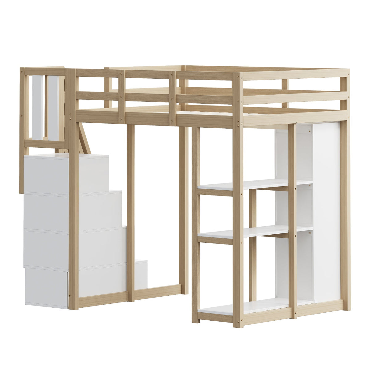 High Loft Bed with 4 Drawers and Storage Shelves, White and Natural Wood Color
