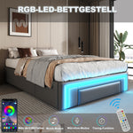 Bed Frame 90x200 Drawers LED Light Metal Slat Platform PU Leather, Grey