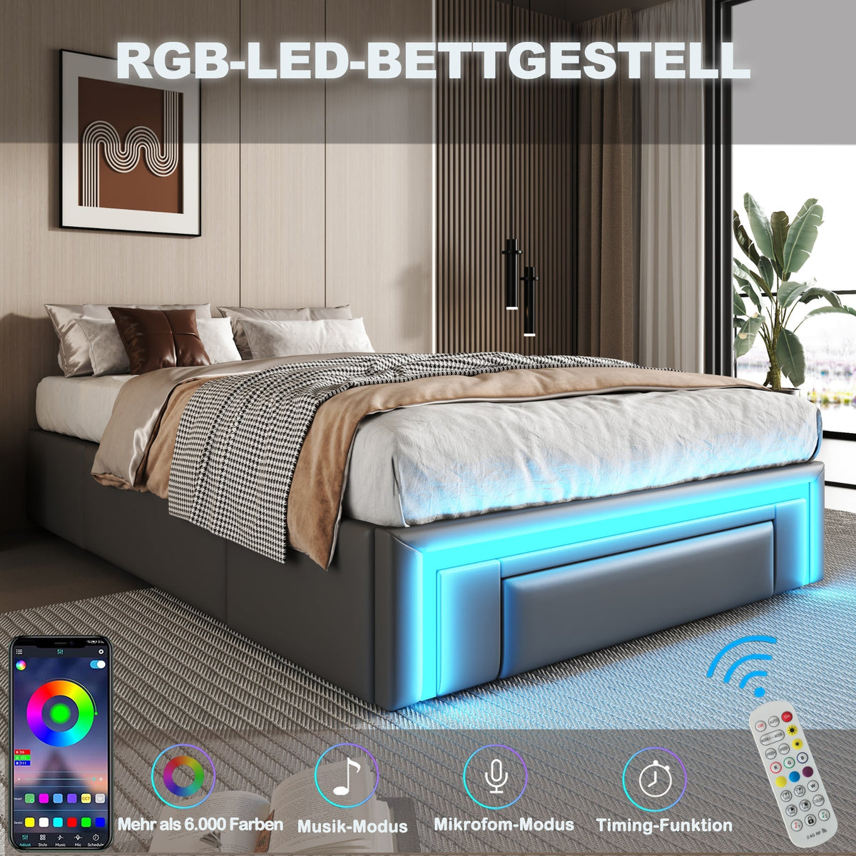 Bed Frame 90x200 Drawers LED Light Metal Slat Platform PU Leather, Grey