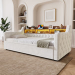 Sofa Bed 90x190cm with Trundle, Storage & LED, Beige Velvet