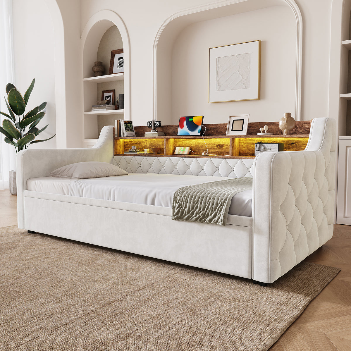 Sofa Bed 90x190cm with Trundle, Storage & LED, Beige Velvet