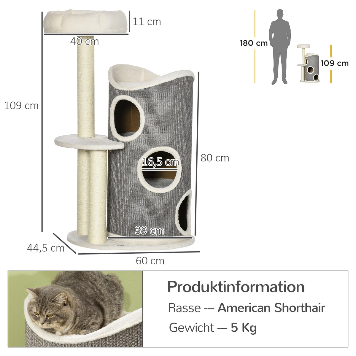 Cat Tree 109cm, Scratching Barrel & Bed, Sisal, White Grey