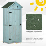 garden cabinet tool shed with shelves and windows, wood in light blue and green