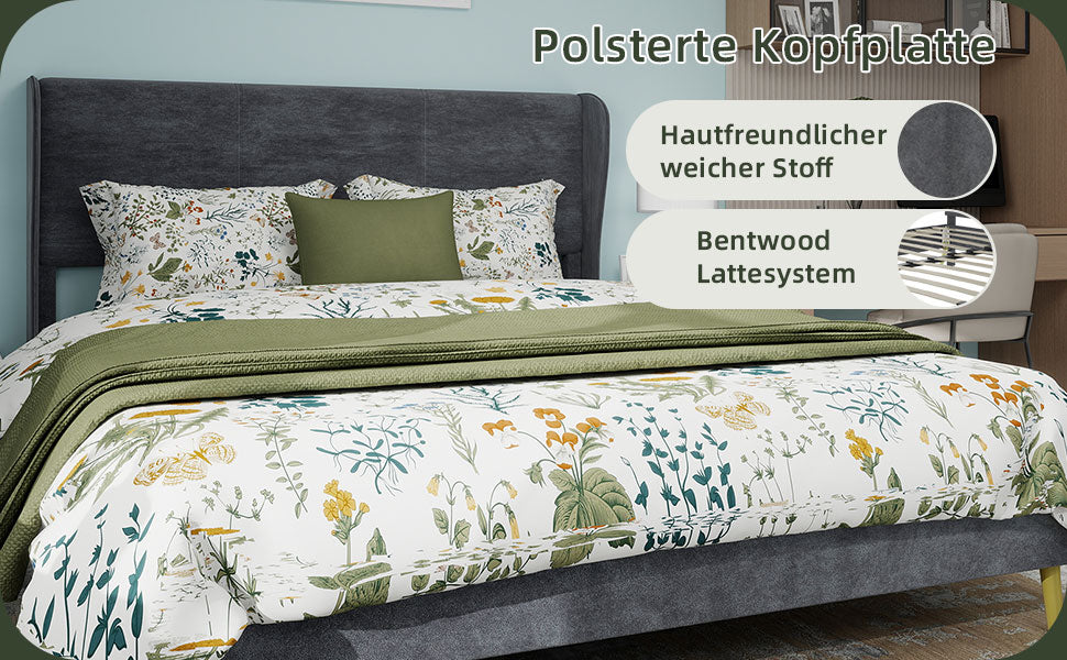 Upholstered Bed, Modern Minimalist with Soft Headboard, 140x200 cm, Grey