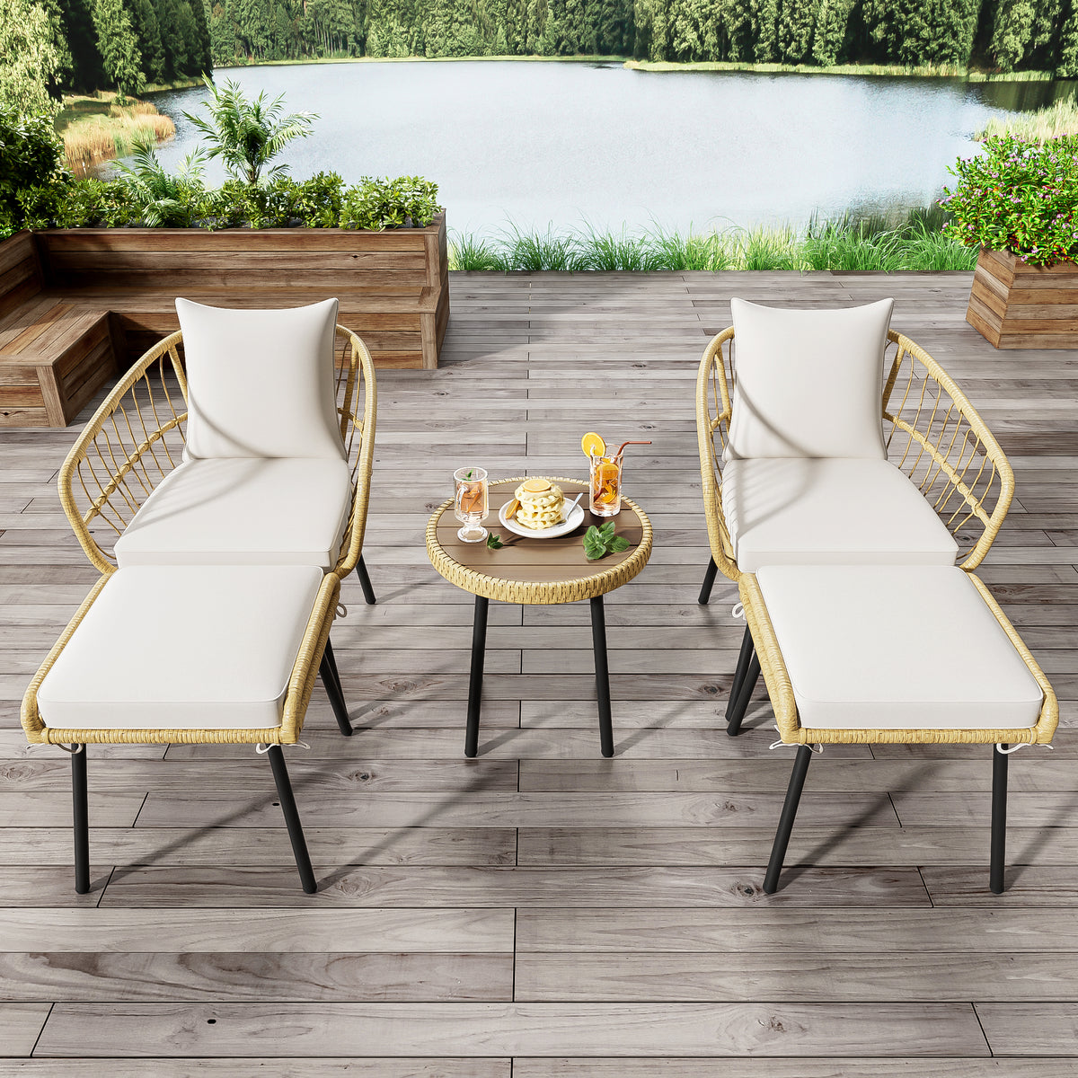 5-Piece Garden Lounge Set with Table, Chairs & Stools, Natural Rattan