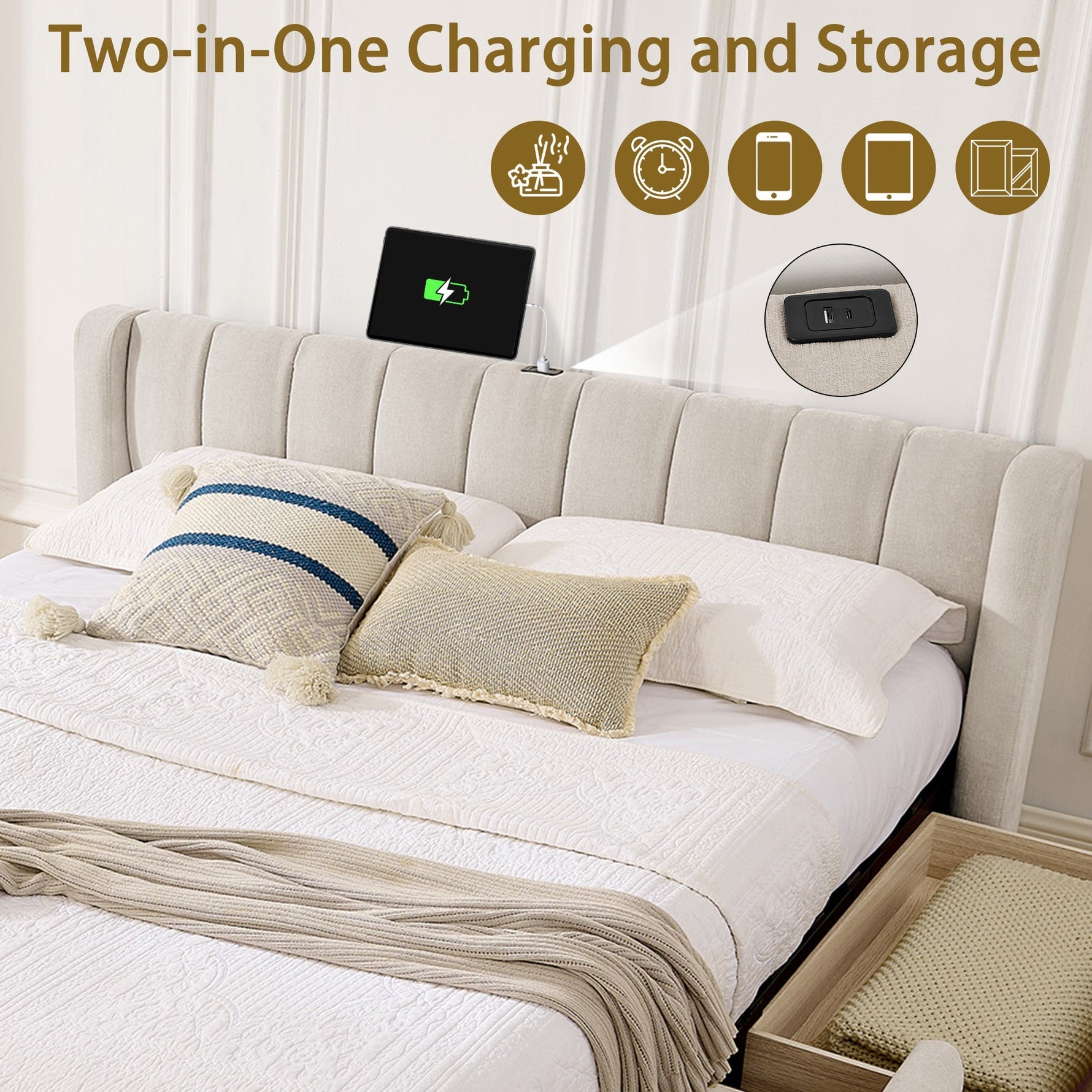 Double Bed 160x200cm Storage USB Charging Port Soft Chenille Beige