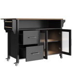 Mobile Kitchen Island with Worktop, Glass Display, LED & Casters - Black