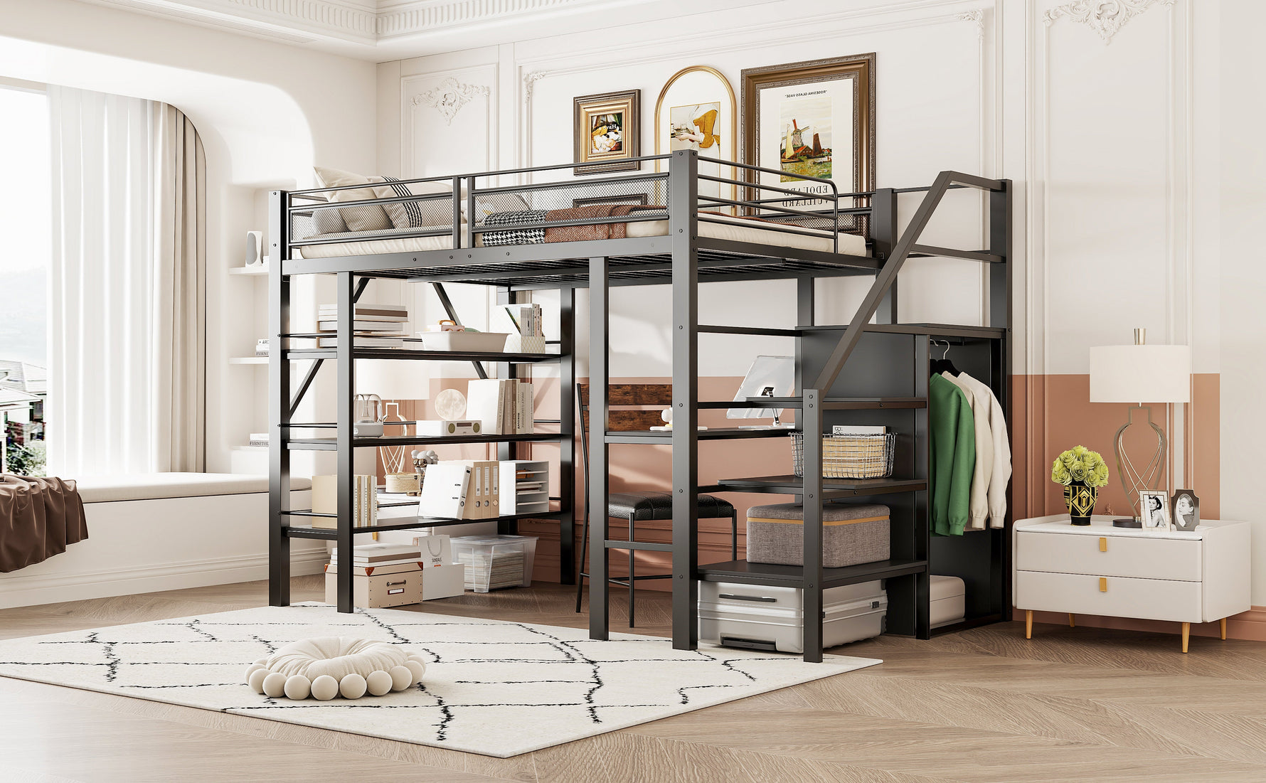 Loft Bed 140x200cm Storage Shelf Desk Wardrobe Iron, Black