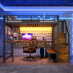 Loft Bed 140x200cm with Desk, LED Light & Storage, Black