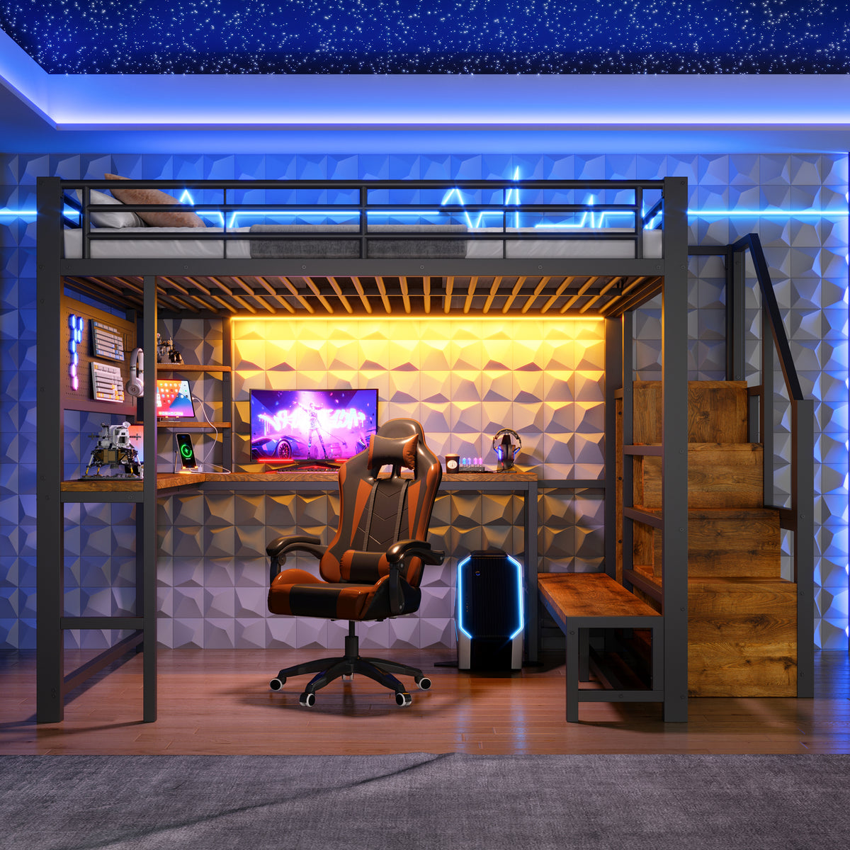 Loft Bed 140x200cm with Desk, LED Light & Storage, Black