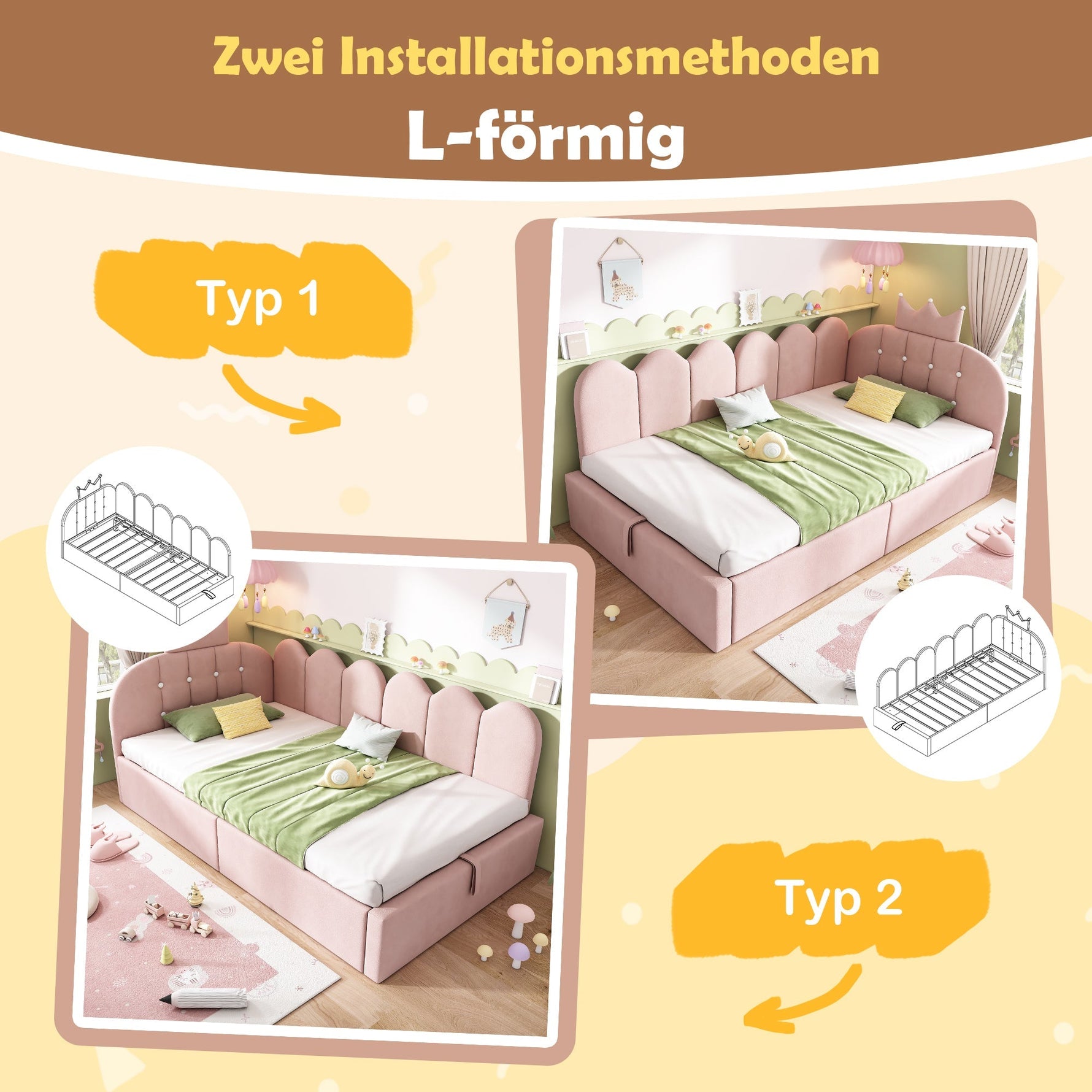 Upholstered Daybed with Hydraulic Storage and Crown-Lattice Design, 90x190cm, Pink Velvet