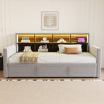 Upholstered Sofa Bed 90x190cm with Storage Headboard, LED Lights and Charging Ports, Velvet, Light Grey
