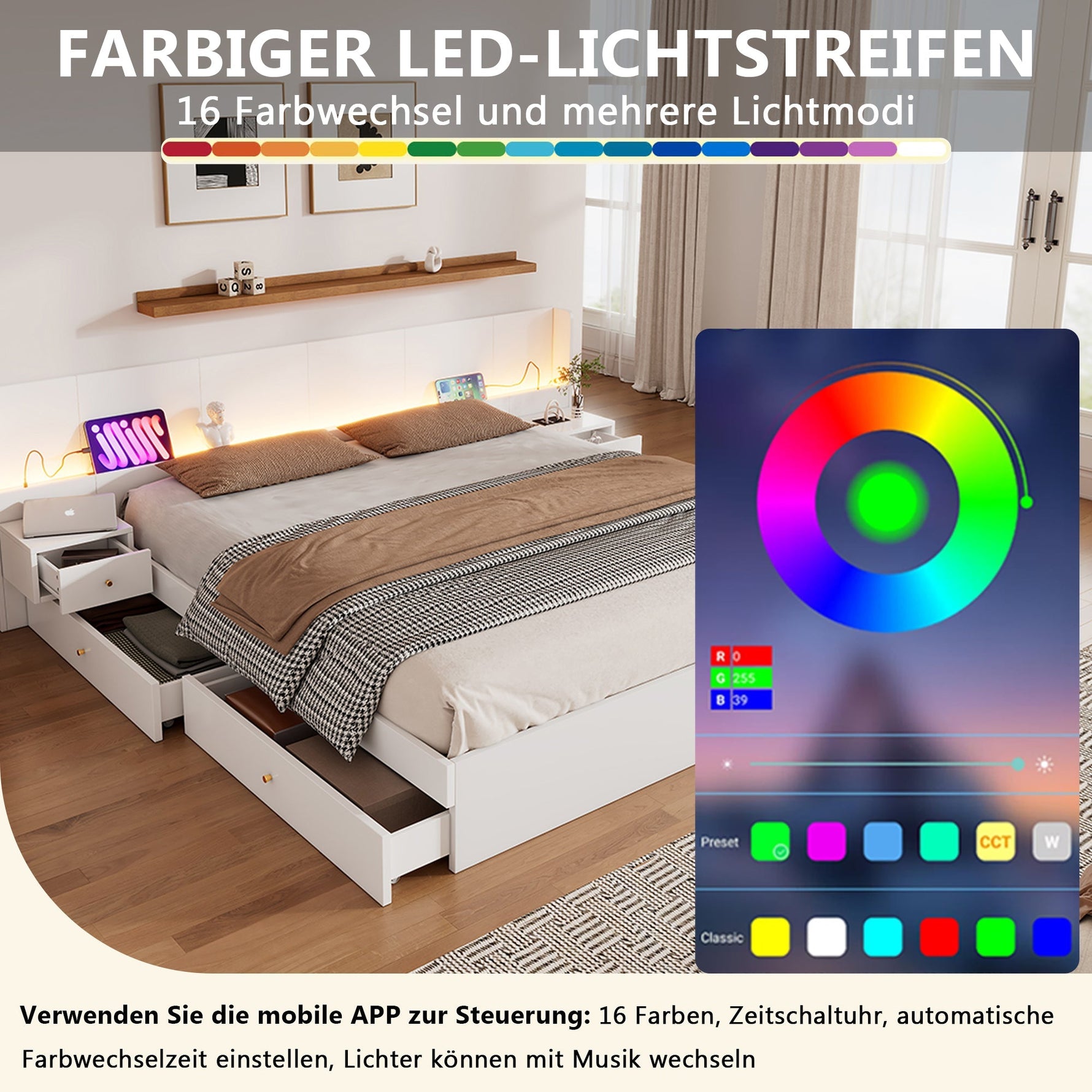 Double Bed 180x200cm LED USB App Control 2 Nightstands Storage - White Wood