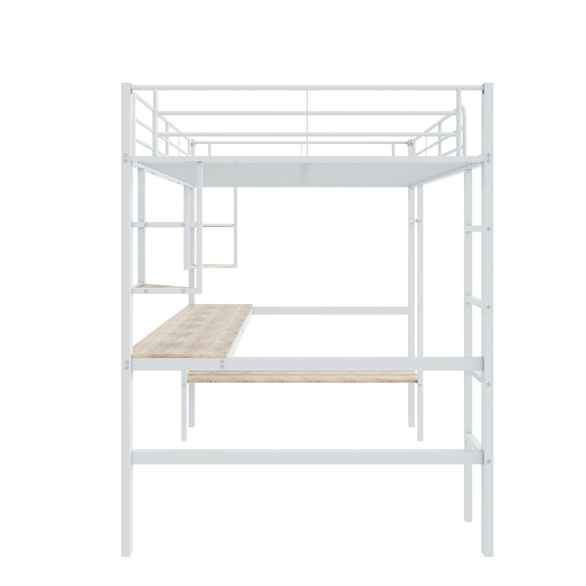 Loft Bed with Desk and Bookshelf, 90x200cm Metal Frame, White