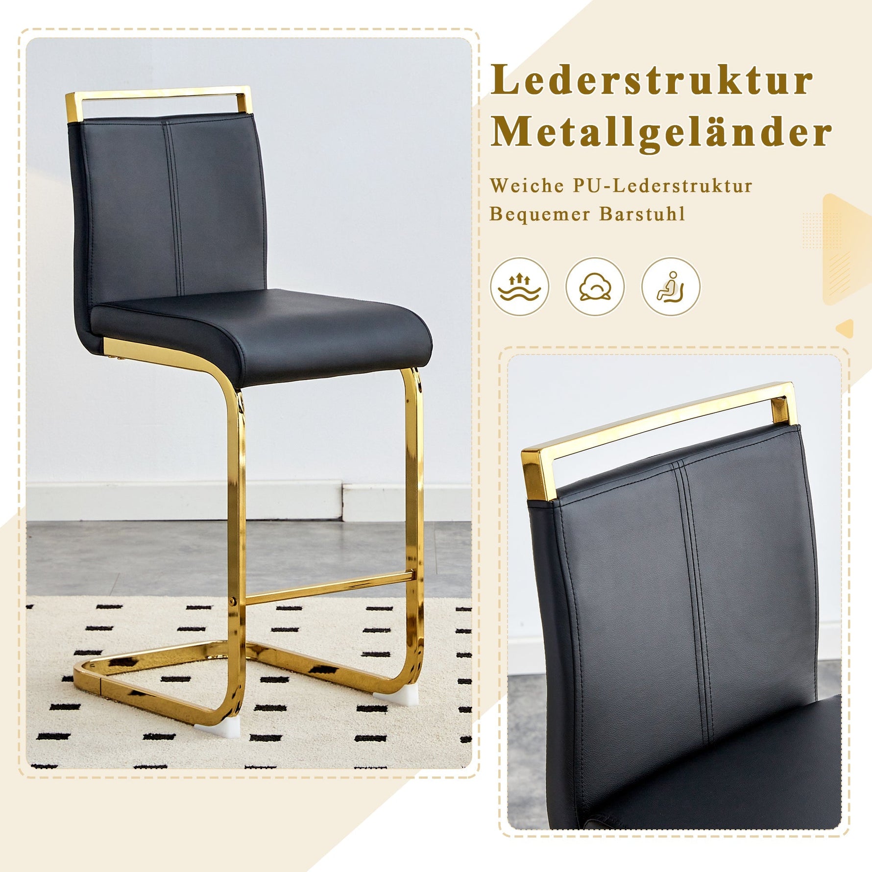 Bar Stools Set of 2 Nordic Style Gold Metal Legs - Black Faux Leather